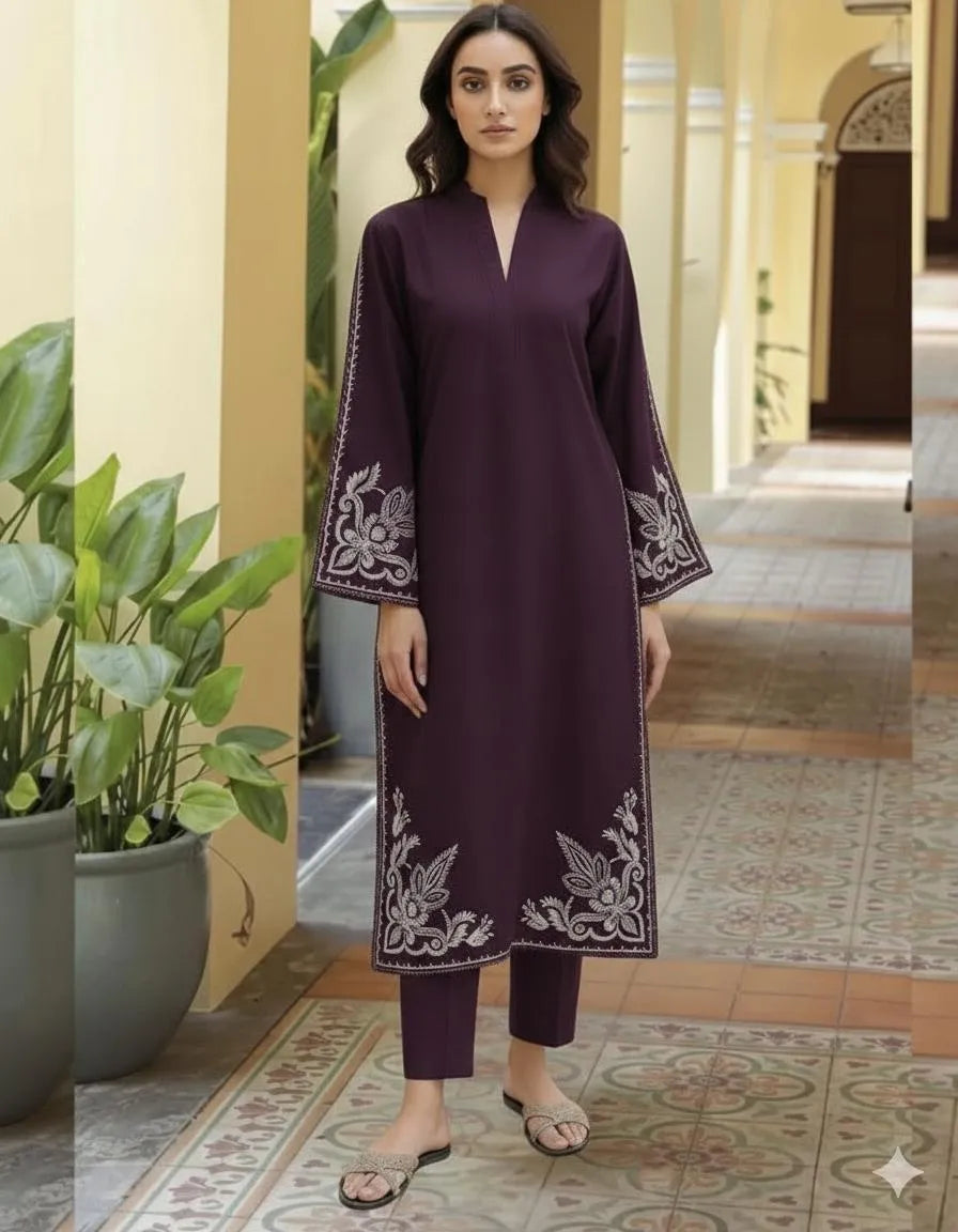 Royal Purple: Embroidered Dhanak 2-Piece Ensemble