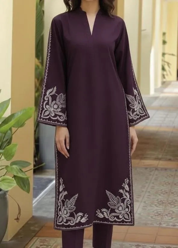 Royal Purple: Embroidered Dhanak 2-Piece Ensemble