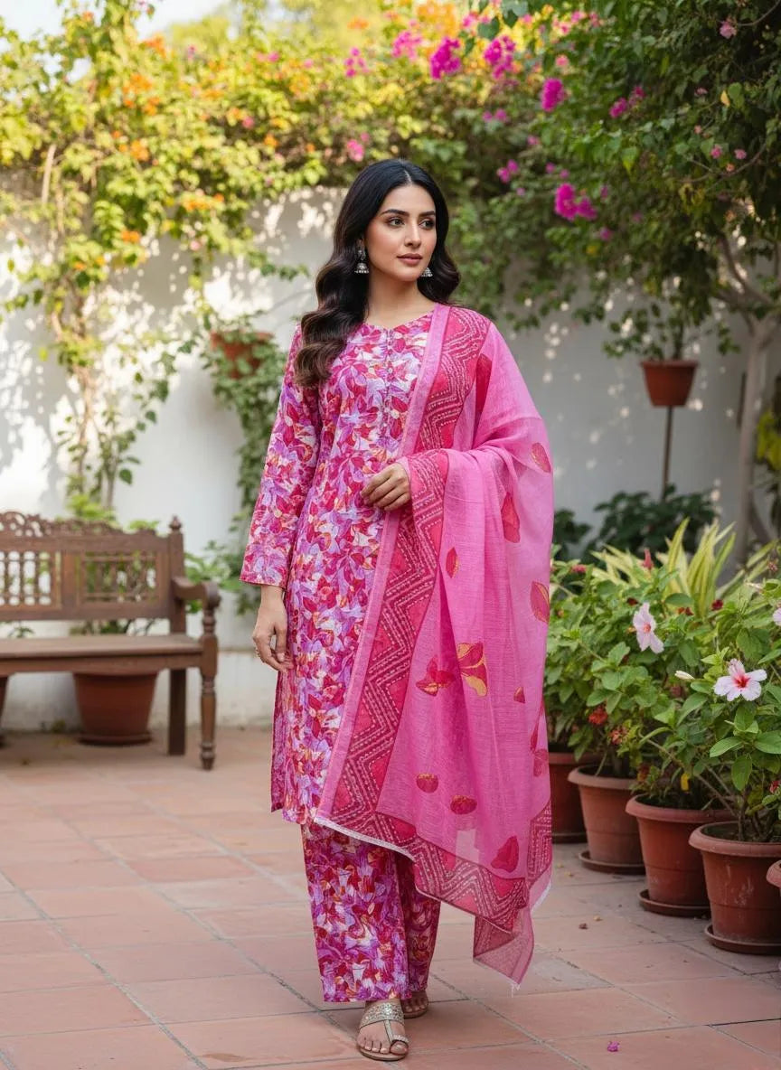 Pink Floral Charm: Cotton Lawn Printed 3-Piece Suit