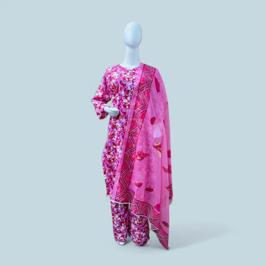 Pink Floral Charm: Cotton Lawn Printed 3-Piece Suit
