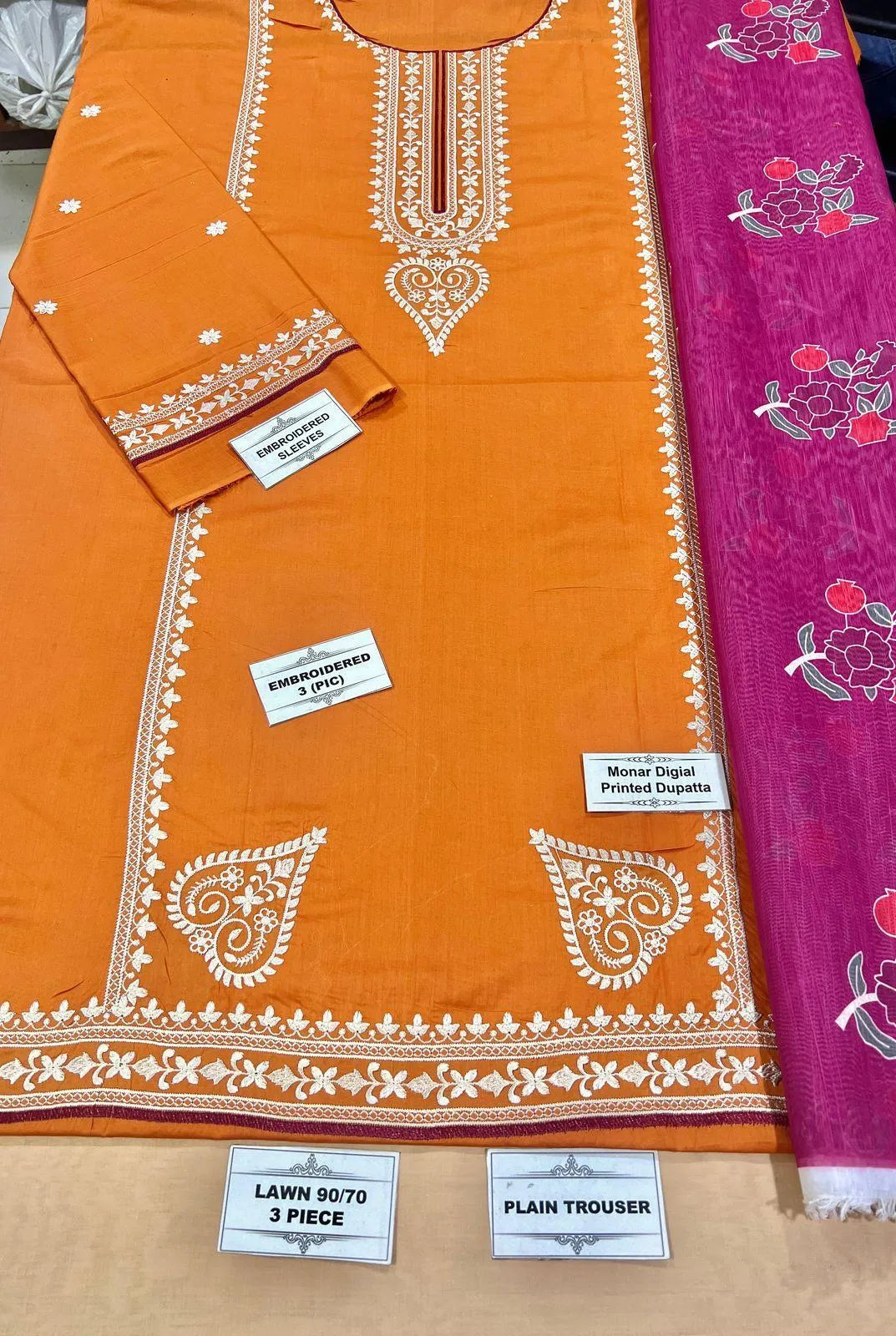 Radiant Orange: Embroidered Lawn (3-Piece Suit) with Monar Lawn Dupatta