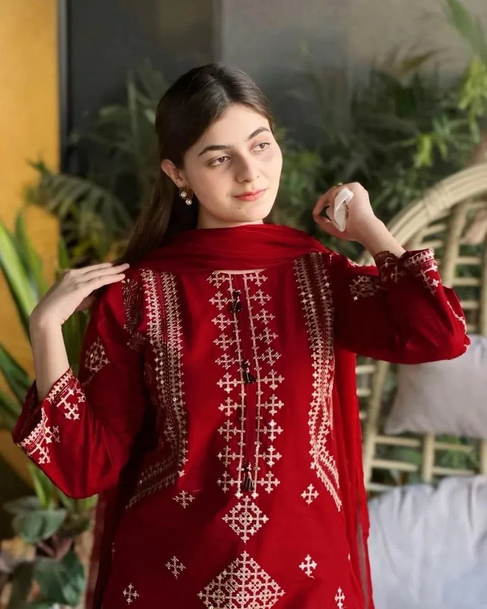 Heavy Sequence Embroidered 3-Piece Maroon Suit