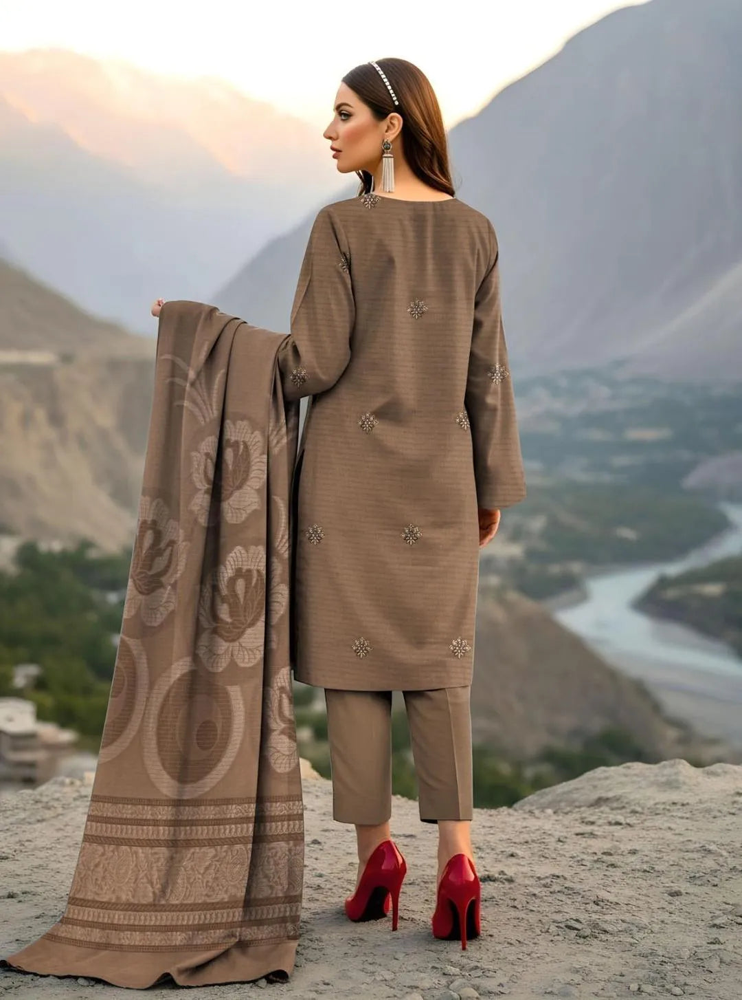 Exquisite Brown Embroidered Dobby Lawn (3-Piece Suit)