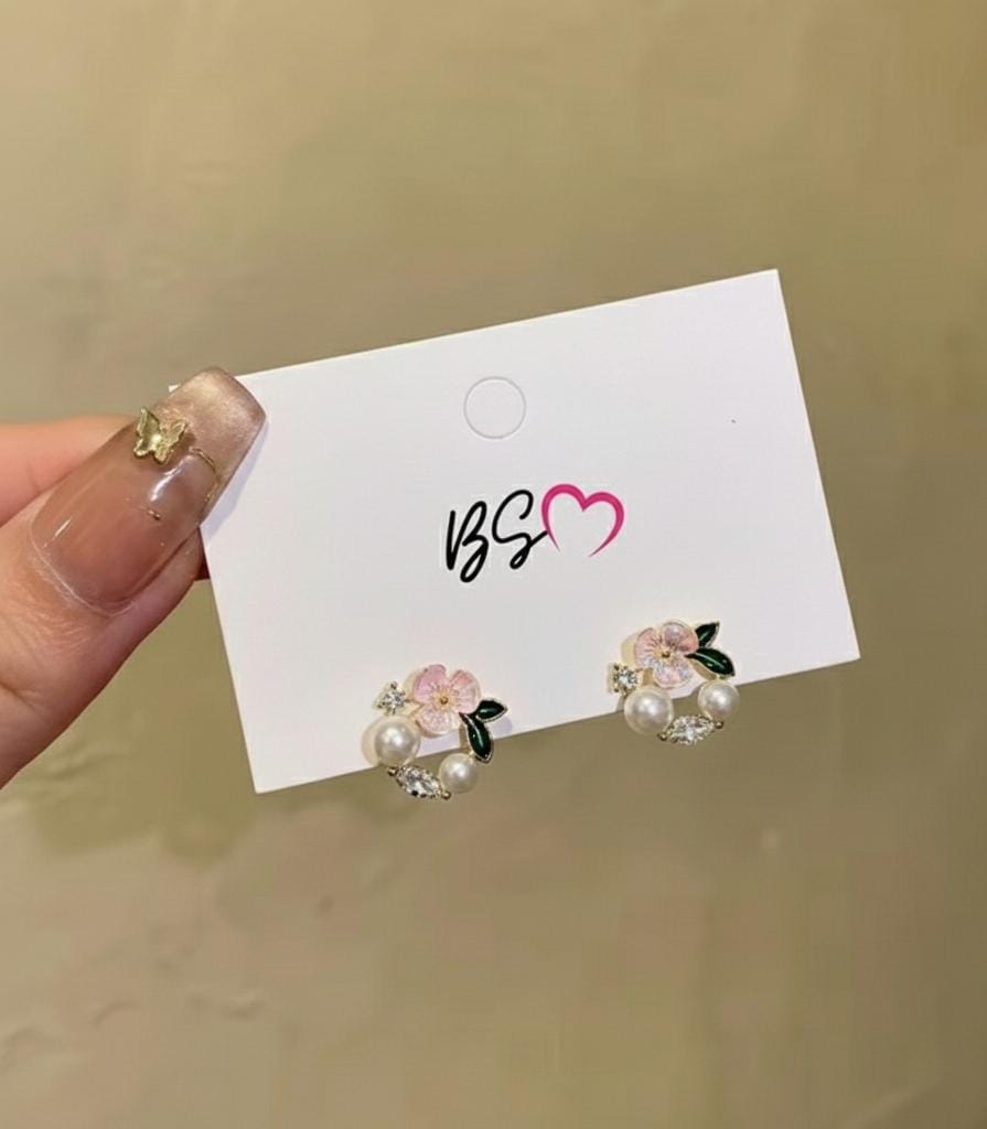 Korean Leaf Sparkling Pearl Earrings