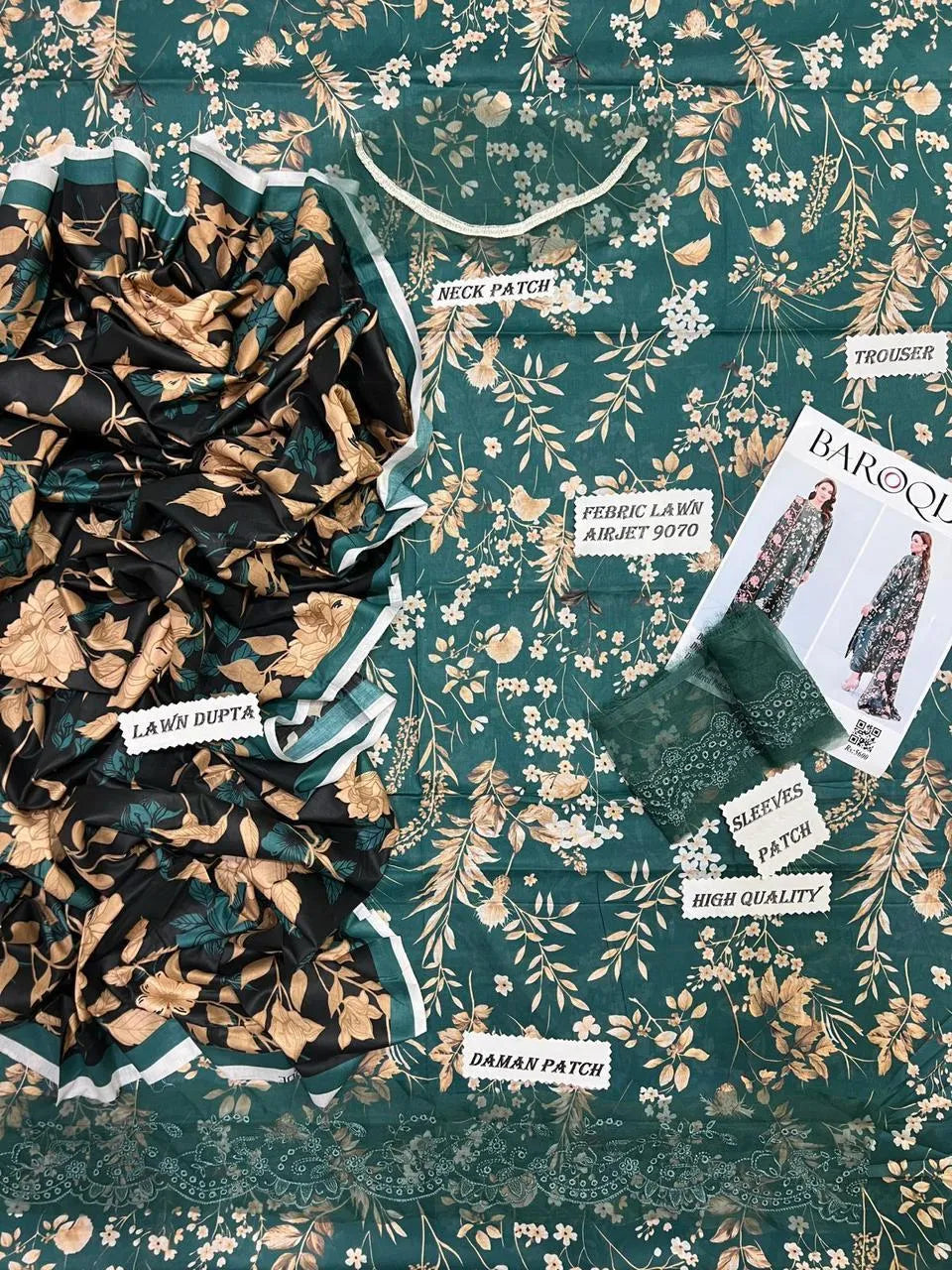 Eid Special: Emerald Green Printed & Embroidered Lawn (3-Piece Suit)