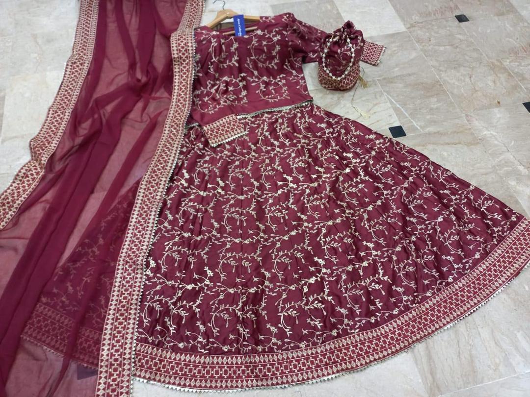 Maroon Katan Silk Embroidered Lehenga & Choli (4-Piece Set)