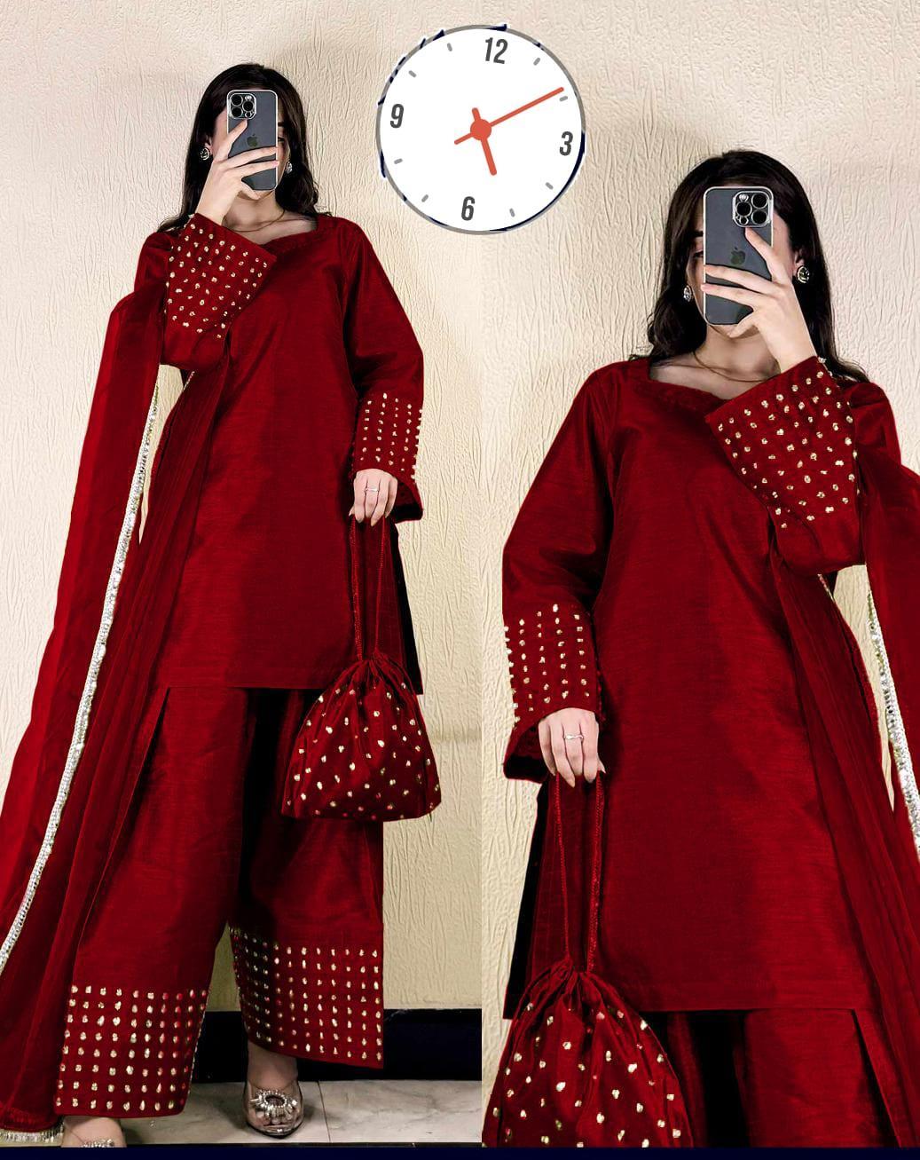 Sophisticated Maroon Shamoz Silk (4-Piece Set) with Farshi Shalwar