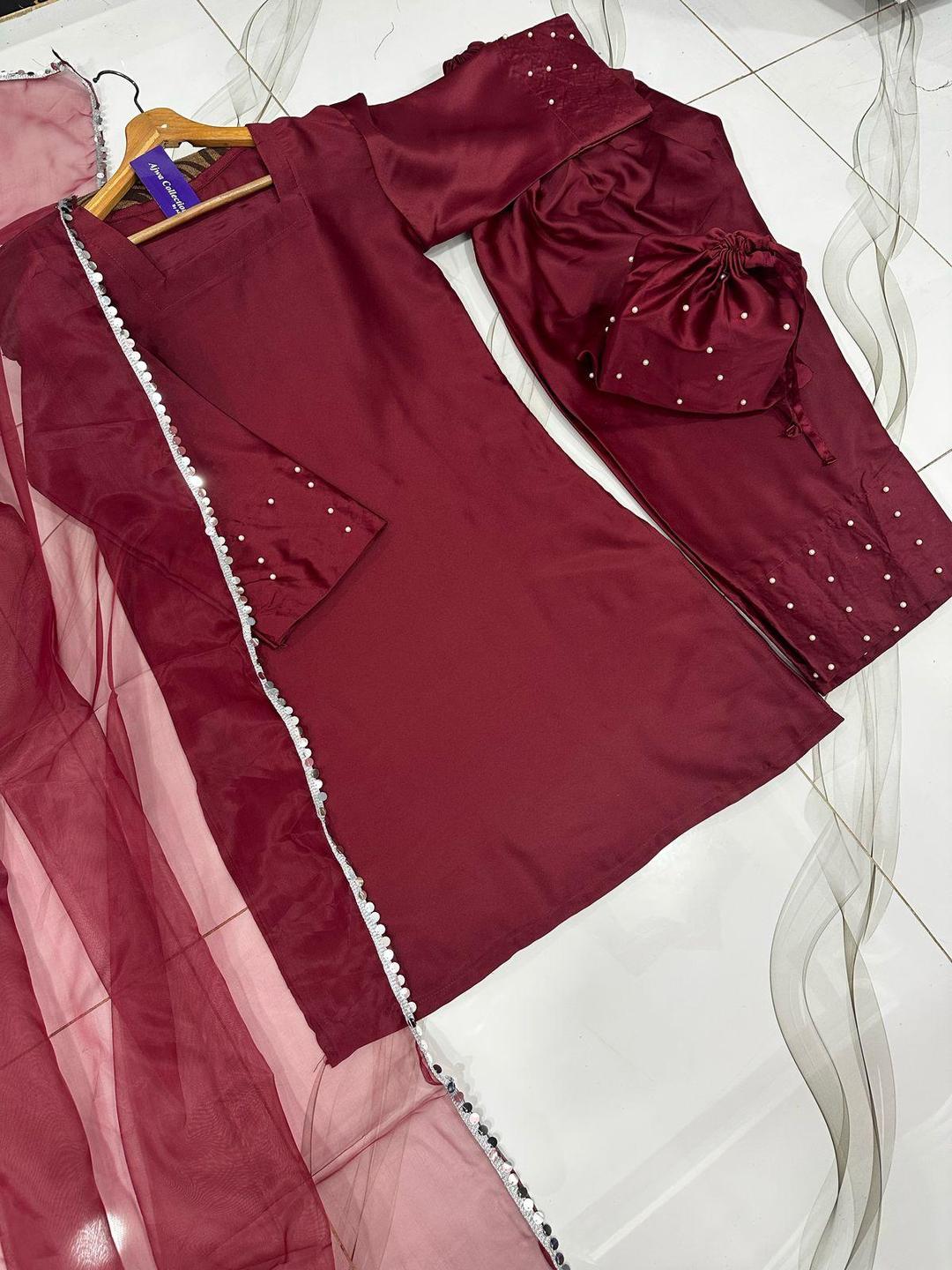 Sophisticated Maroon Shamoz Silk (4-Piece Set) with Farshi Shalwar