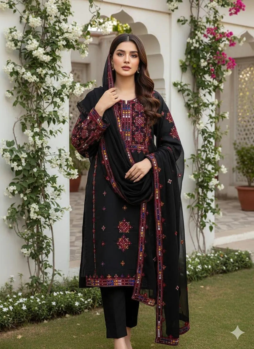 Classic Midnight Black: Embroidered Cotton Lawn 3-Piece Ensemble