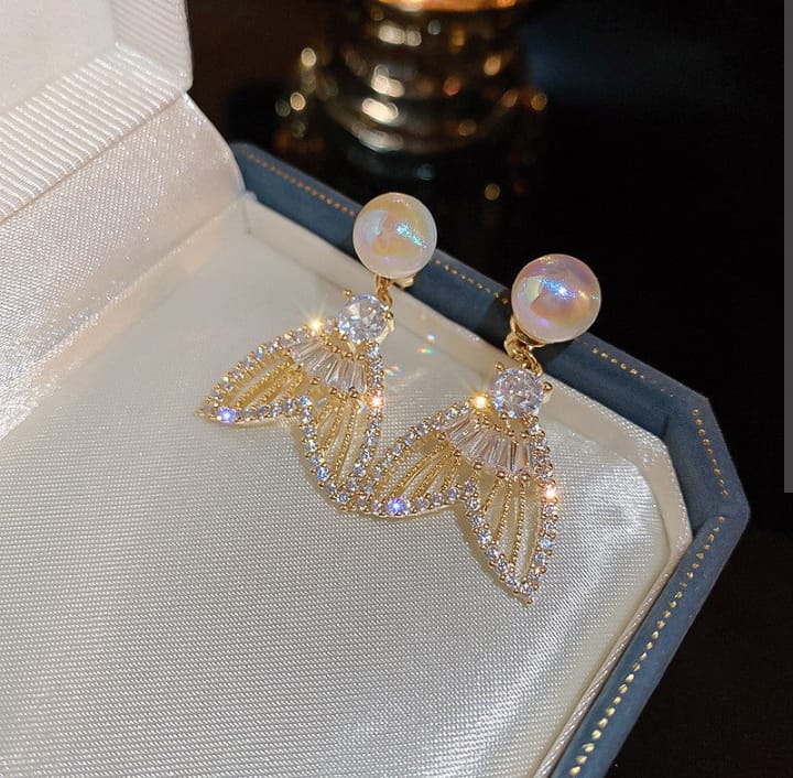 Fishtail Luxury Sparkling Crystal & Pearl Earrings