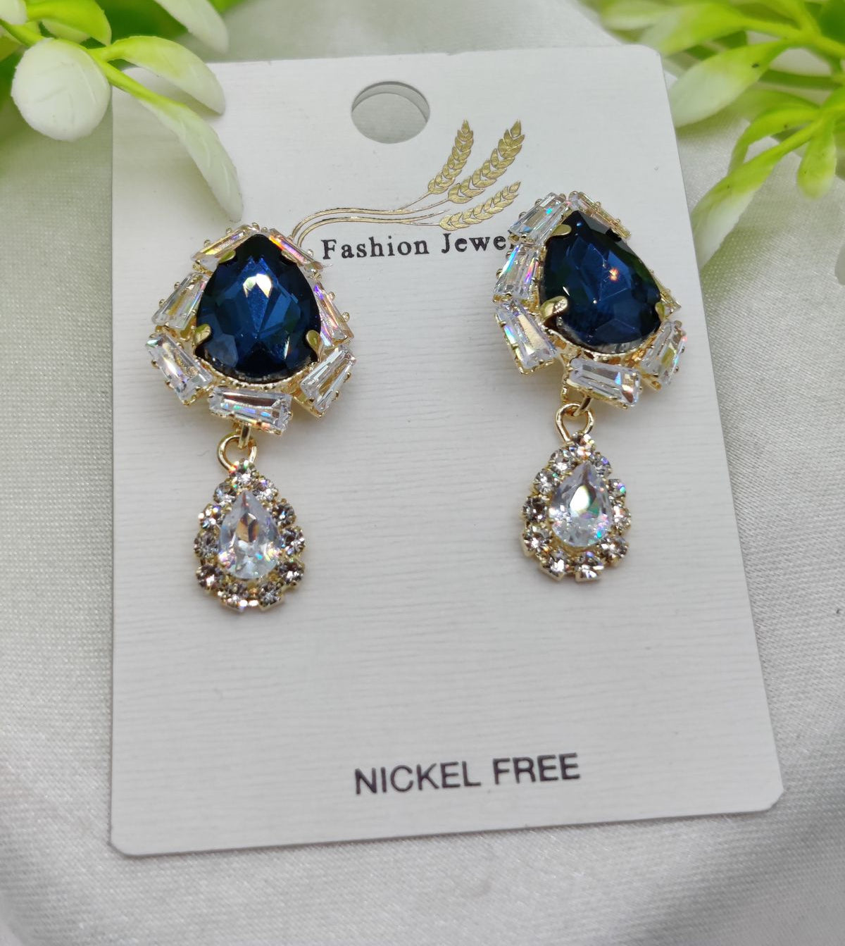 Elegant Royal Blue Drop Earrings with Crystal Accents