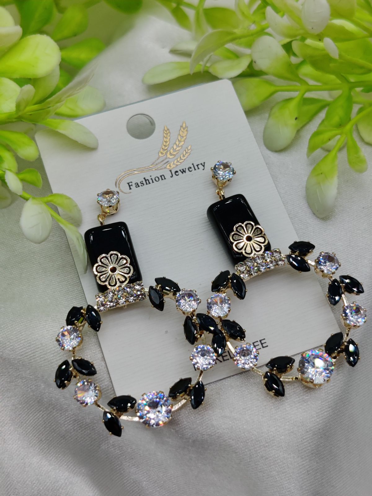 Floral Hoop Earrings with Black & Crystal Accents