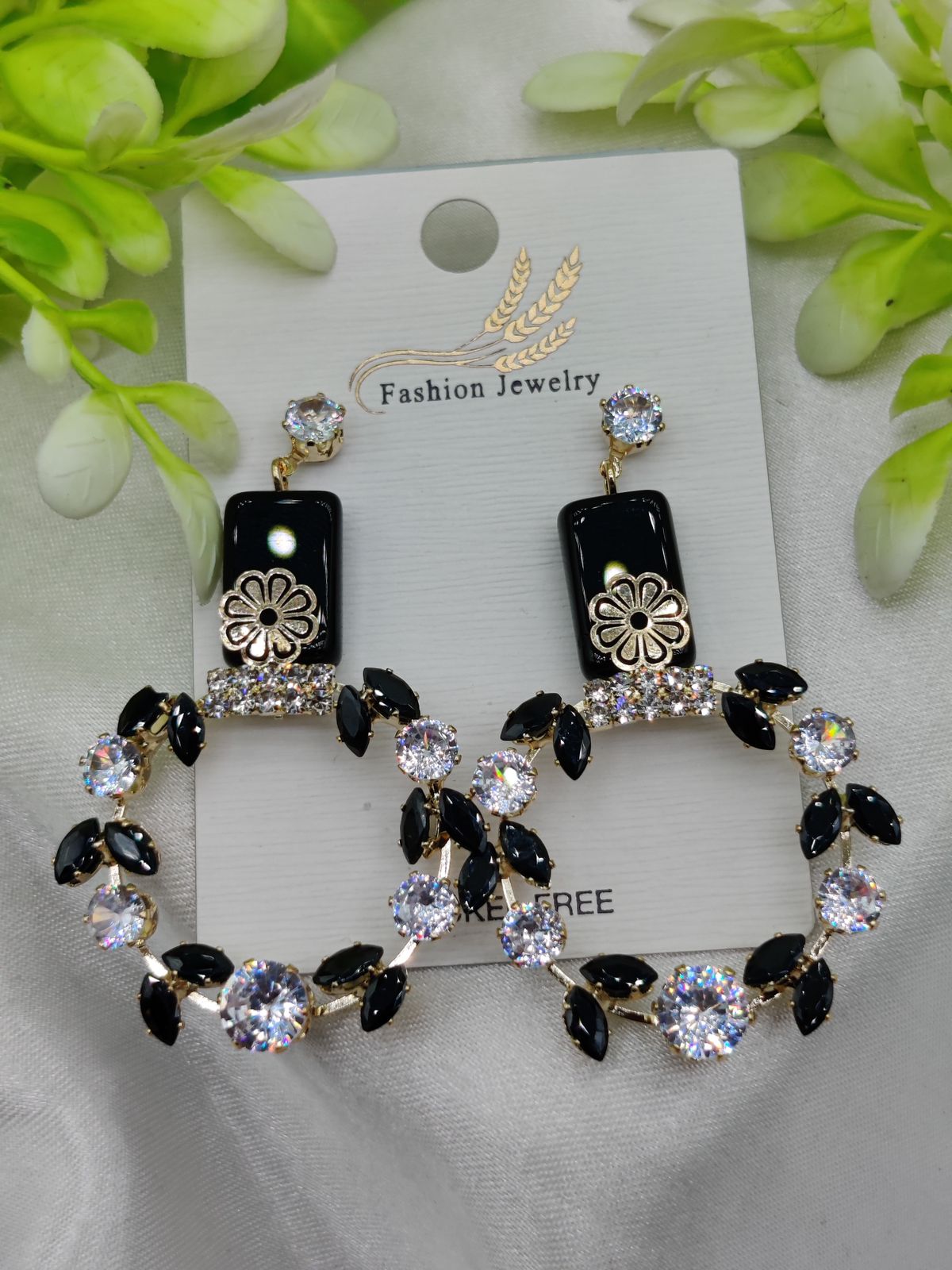 Floral Hoop Earrings with Black & Crystal Accents