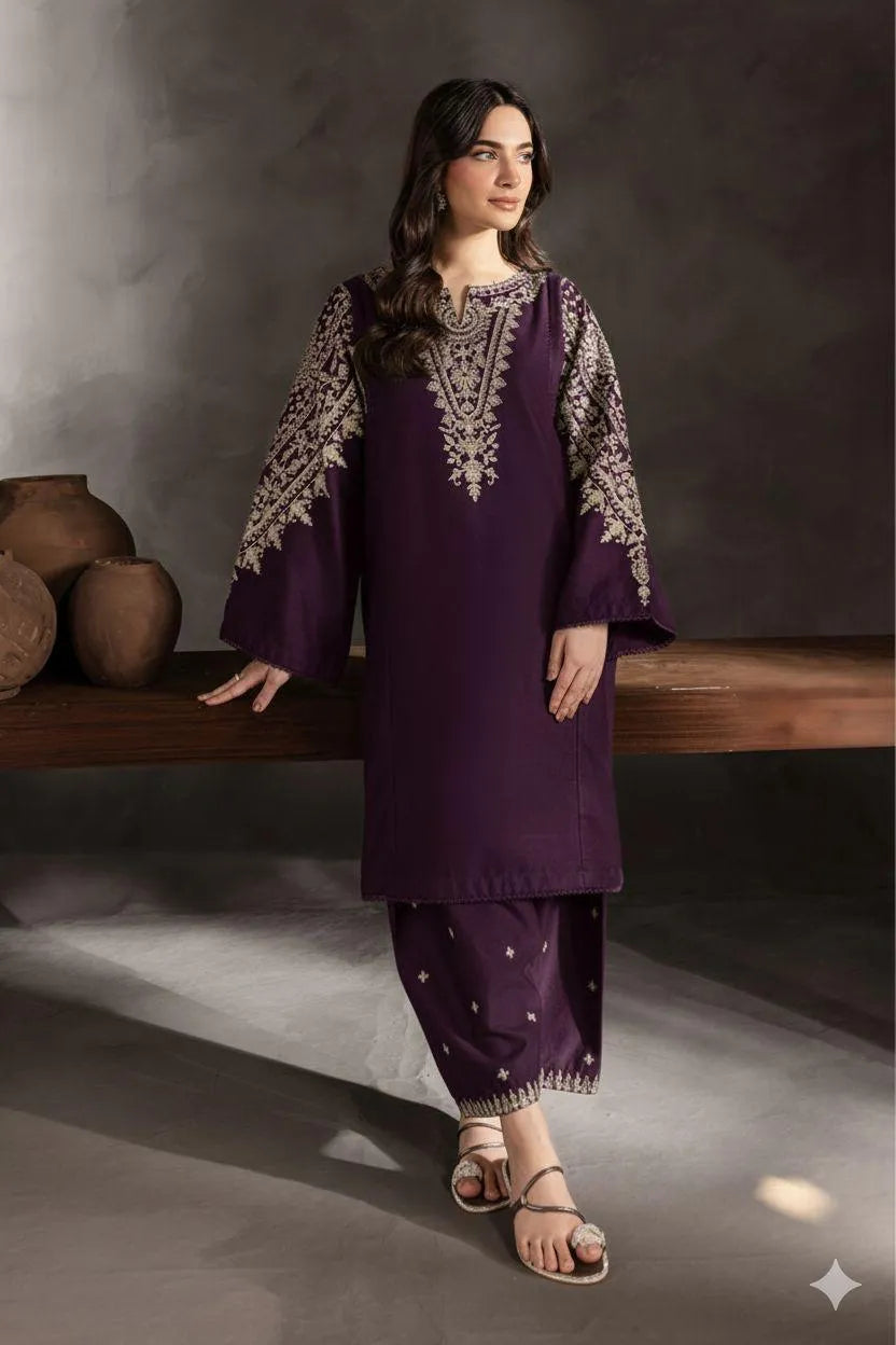 Regal Purple Embroidered Dhanak (2-Piece Suit)