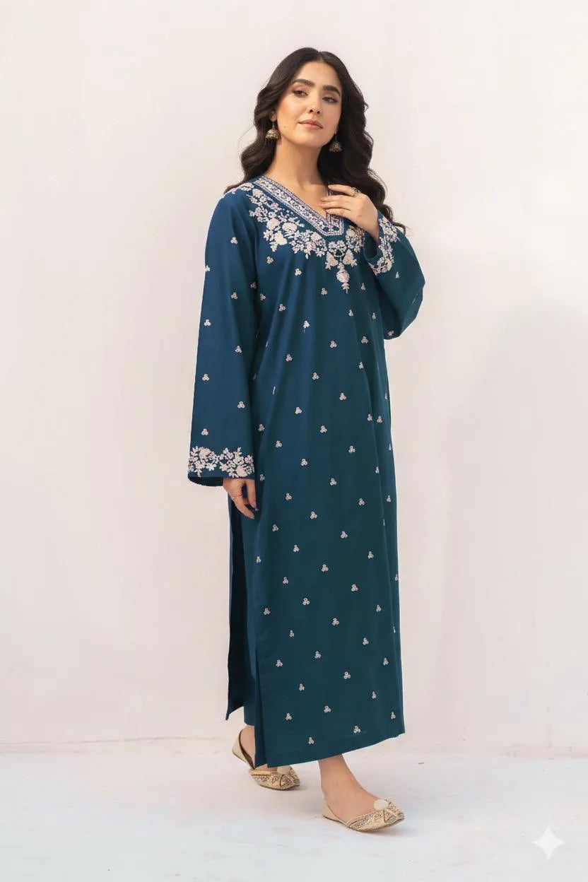 Exquisite Blue Embroidered Dhanak (2-Piece Suit)