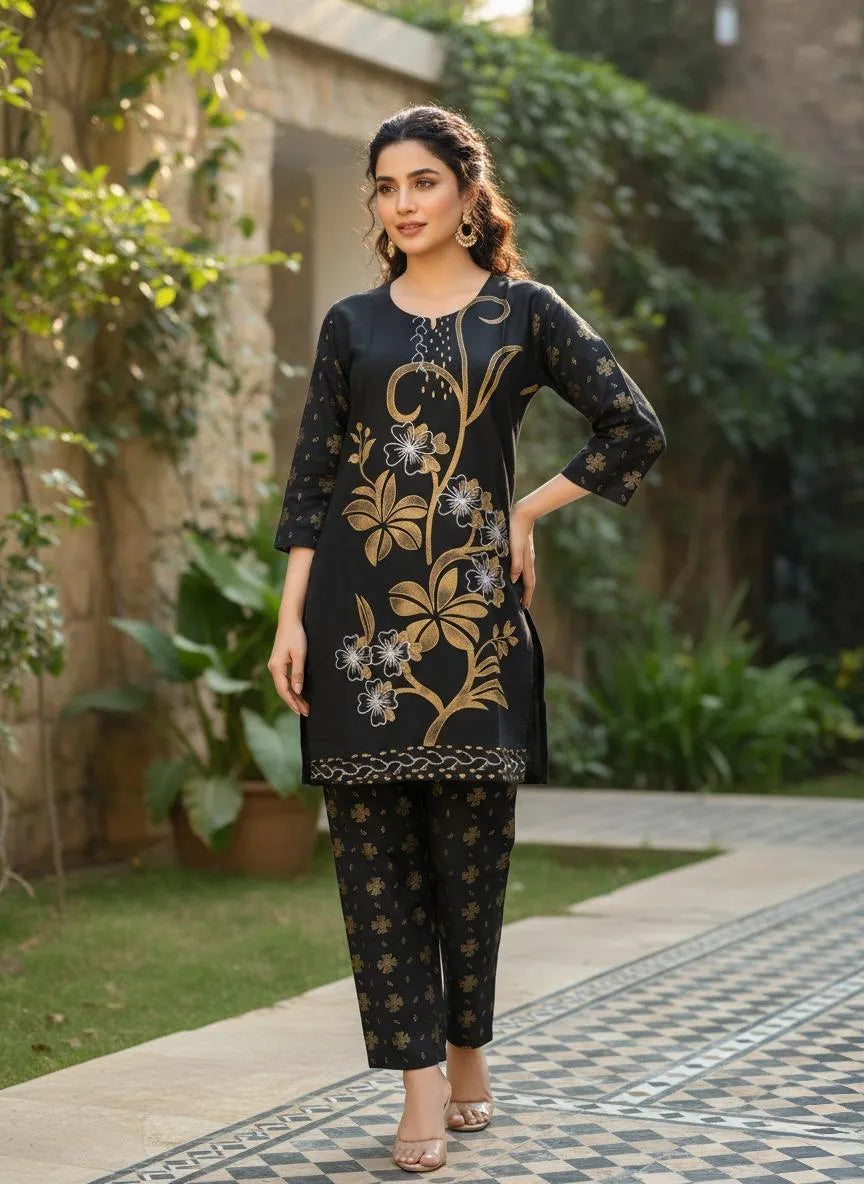 Timeless Elegance: Black Printed Linen 2-Piece Suit