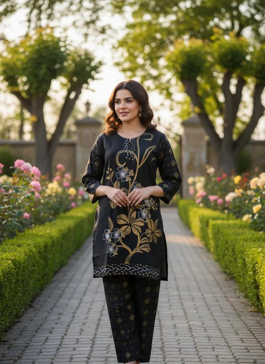 Timeless Elegance: Black Printed Linen 2-Piece Suit