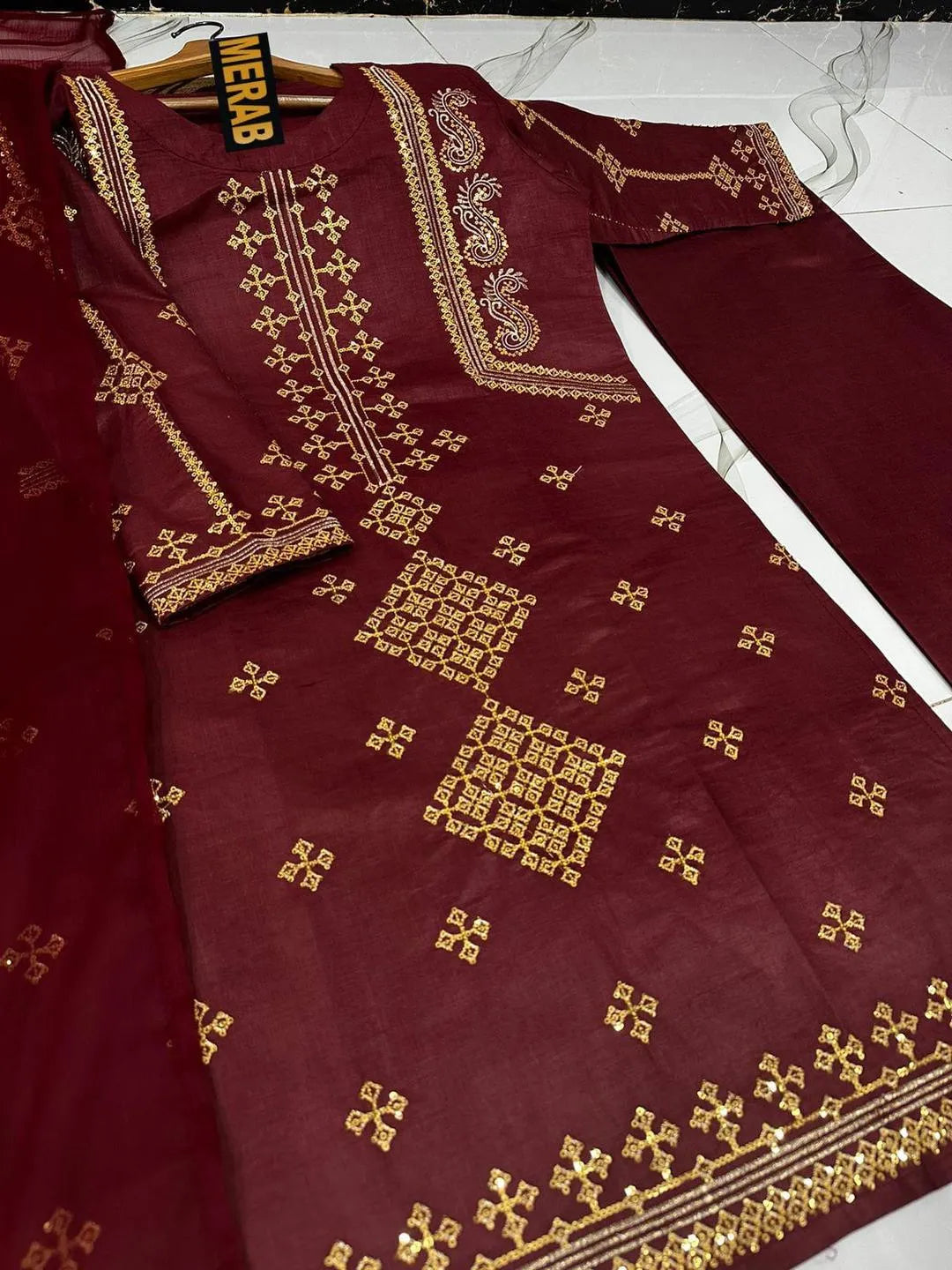 Heavy Sequence Embroidered 3-Piece Maroon Suit