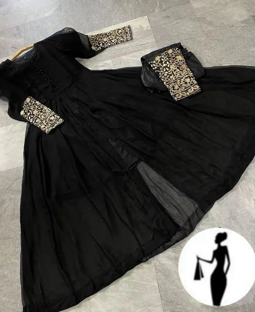 Elegant Sleeves Embroidery Chiffon Maxi &amp; Trouser (2-Piece Set)