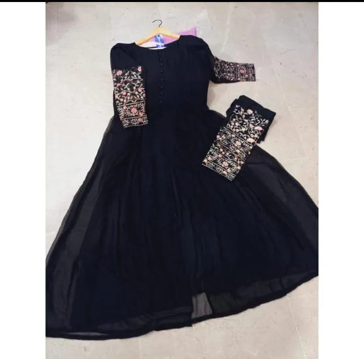 Elegant Sleeves Embroidery Chiffon Maxi &amp; Trouser (2-Piece Set)