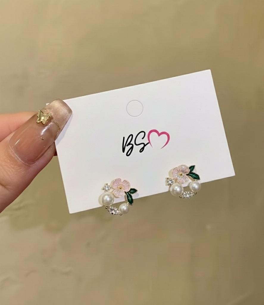 Korean Leaf Sparkling Pearl Earrings