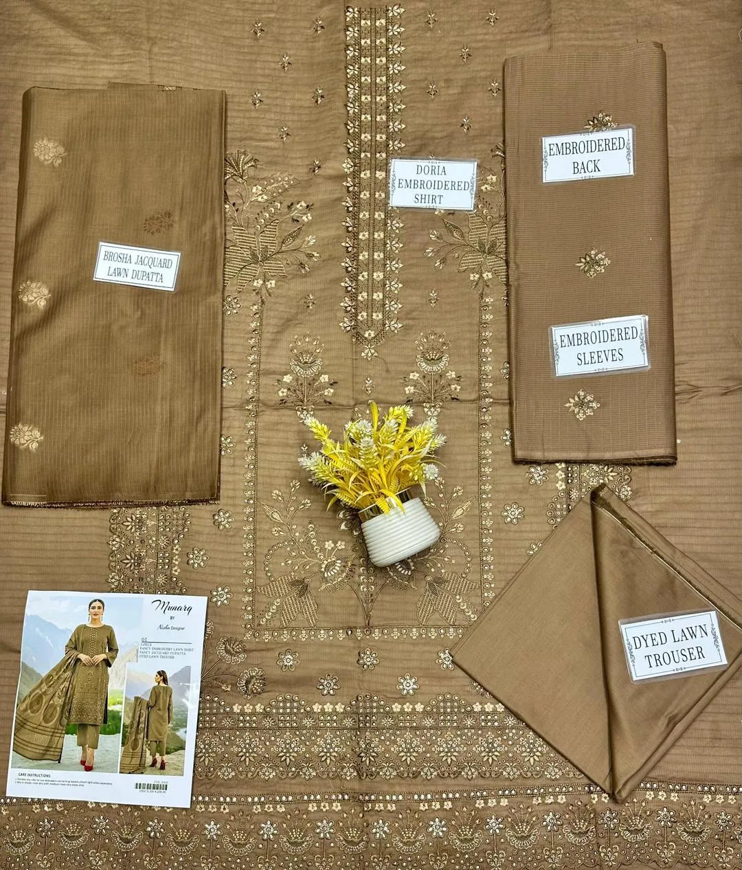 Exquisite Brown Embroidered Dobby Lawn (3-Piece Suit)