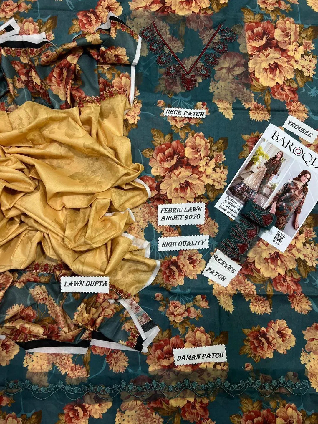 Eid Special: Forest Green Printed &amp; Embroidered Lawn (3-Piece Suit)