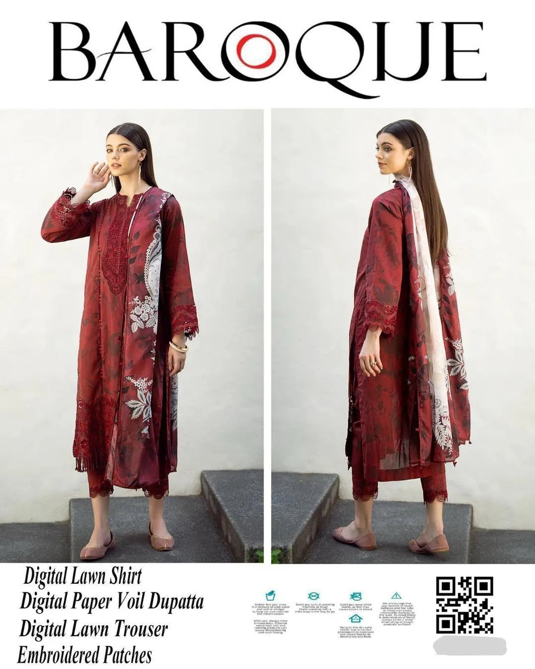 Eid Special: Maroon Printed &amp; Embroidered Lawn (3-Piece Suit)