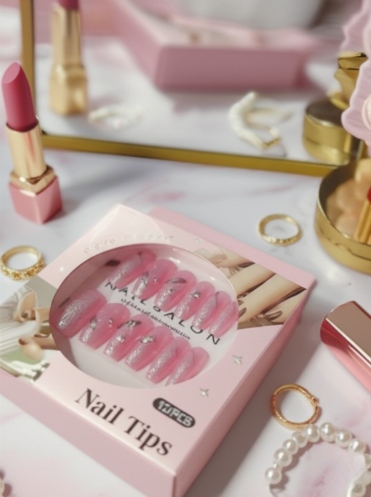 Luxury Pink Glamour: 12-Piece Glitter &amp; Rhinestone Press-On Set